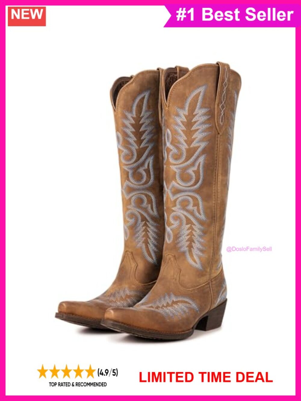 Knee High Western Cowboy Boots Embroidered Leather Chunky Heel